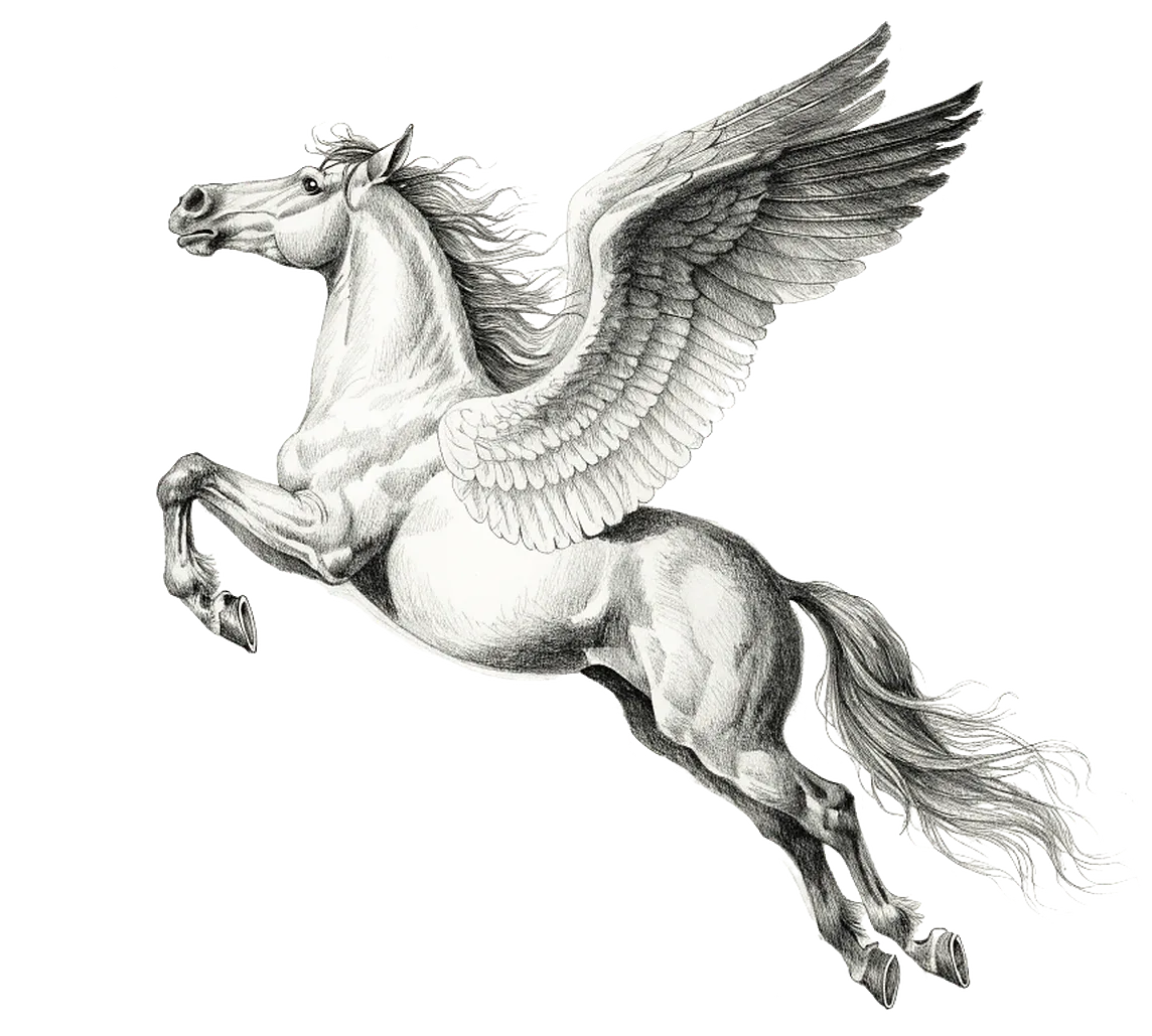 A pencil drawing of a winged horse leaping into flight
